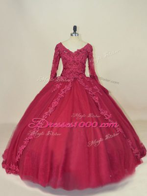 Top Selling Tulle V-neck Long Sleeves Lace Up Lace and Appliques Ball Gown Prom Dress in Red
