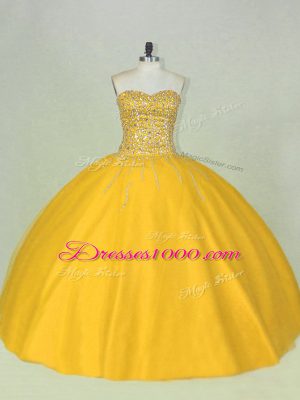 Beautiful Gold Sleeveless Floor Length Beading Lace Up Quince Ball Gowns