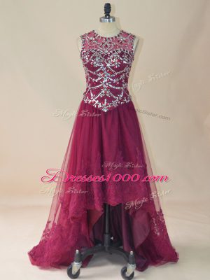 Burgundy Sleeveless High Low Beading and Lace Lace Up Winning Pageant Gowns