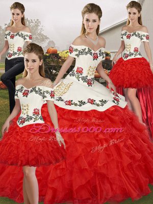 Best White And Red Organza Lace Up Quinceanera Dresses Sleeveless Floor Length Embroidery and Ruffles