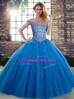 Pretty Blue Off The Shoulder Lace Up Beading Sweet 16 Dress Sleeveless