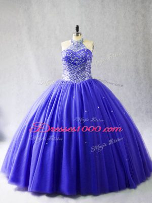 Noble Blue Halter Top Lace Up Beading Quinceanera Gowns Brush Train Sleeveless