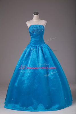 Blue Sleeveless Beading Floor Length Quinceanera Dresses