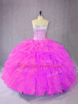 Lilac Organza Lace Up Sweetheart Sleeveless Floor Length Quinceanera Dresses Ruffles