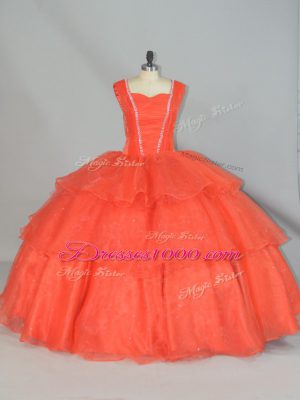 Lovely Organza Straps Sleeveless Lace Up Beading and Ruffled Layers Quinceanera Dresses in Orange Red