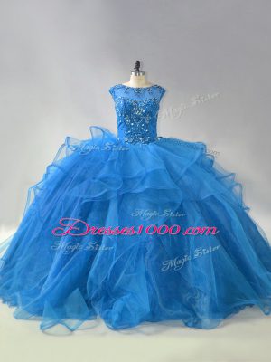 Beading and Ruffles Sweet 16 Quinceanera Dress Blue Lace Up Sleeveless Brush Train