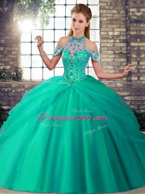 Turquoise Quinceanera Dresses Military Ball and Sweet 16 and Quinceanera with Beading and Pick Ups Halter Top Sleeveless Brush Train Lace Up