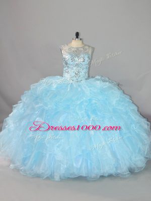 Superior Blue Organza Lace Up Scalloped Sleeveless Floor Length 15 Quinceanera Dress Beading and Ruffles