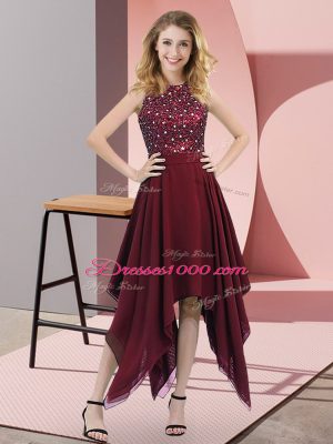 Fashion Burgundy Empire High-neck Sleeveless Chiffon Asymmetrical Zipper Beading and Sequins Prom Evening Gown