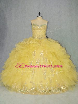 Custom Made Yellow Organza Lace Up Sweetheart Sleeveless Floor Length Sweet 16 Quinceanera Dress Appliques and Ruffles