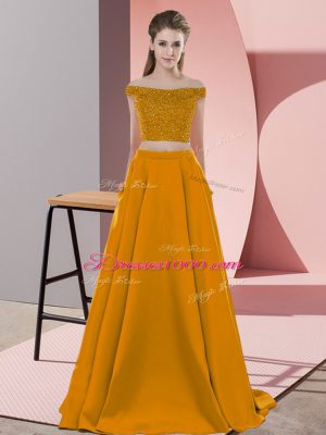 On Sale Brown Backless Prom Party Dress Beading Sleeveless Sweep Train