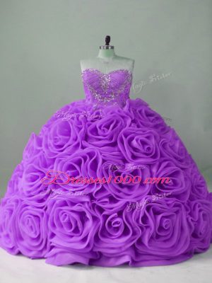 Fabulous Lavender Quinceanera Dresses Fabric With Rolling Flowers Brush Train Sleeveless Beading