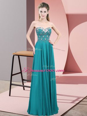 Beading Prom Dress Teal Zipper Sleeveless Floor Length