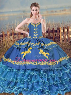 Ruffled Layers 15th Birthday Dress Blue Lace Up Sleeveless Brush Train