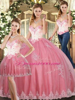 Fashion Watermelon Red Sleeveless Floor Length Beading and Appliques Lace Up Quinceanera Gown