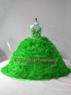 Top Selling Green 15th Birthday Dress Organza Court Train Sleeveless Beading and Pick Ups