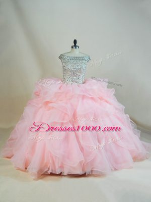 Off The Shoulder Sleeveless Brush Train Lace Up Quinceanera Dresses Pink Organza