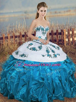 Blue And White Ball Gowns Organza Sweetheart Sleeveless Embroidery and Ruffles and Bowknot Floor Length Lace Up Sweet 16 Dresses