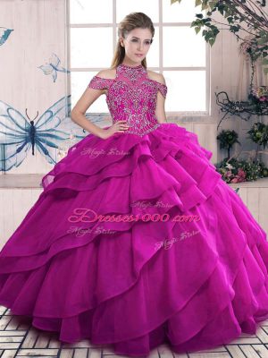 Comfortable High-neck Sleeveless 15 Quinceanera Dress Floor Length Beading and Ruffled Layers Fuchsia Organza