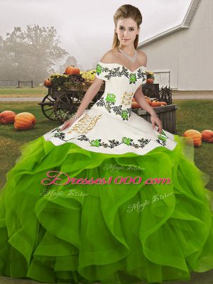 Extravagant Floor Length Lace Up Quinceanera Gown Green for Military Ball and Sweet 16 and Quinceanera with Embroidery and Ruffles