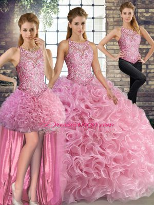 Sumptuous Rose Pink Three Pieces Scoop Sleeveless Fabric With Rolling Flowers Floor Length Lace Up Beading Quince Ball Gowns