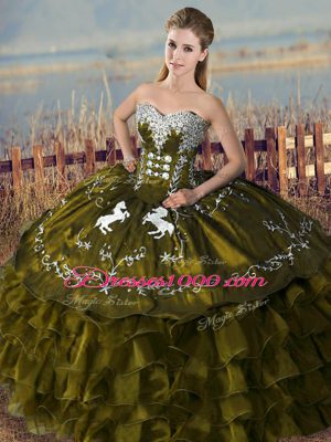 Adorable Olive Green Sweetheart Lace Up Embroidery and Ruffles Vestidos de Quinceanera Sleeveless