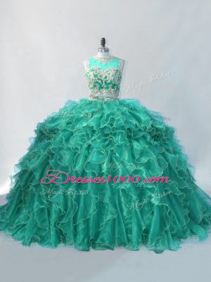 Zipper Quinceanera Gown Turquoise for Sweet 16 and Quinceanera with Beading and Ruffles Brush Train