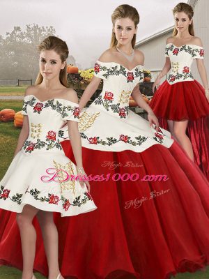 White And Red Off The Shoulder Lace Up Embroidery Quinceanera Dresses Sleeveless
