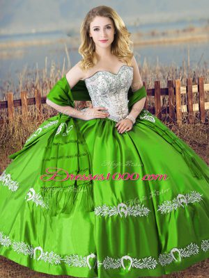 Sleeveless Satin Floor Length Lace Up Quinceanera Gown in Green with Beading and Embroidery