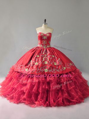 Decent Red Organza Lace Up Sweetheart Sleeveless Floor Length Vestidos de Quinceanera Embroidery and Ruffles