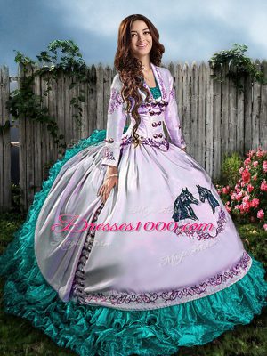 Sleeveless Satin and Organza Floor Length Lace Up Sweet 16 Quinceanera Dress in Blue And White with Embroidery and Ruffles