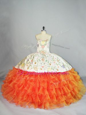Fashionable Orange Ball Gowns Sweetheart Sleeveless Organza Floor Length Lace Up Embroidery and Ruffles 15th Birthday Dress