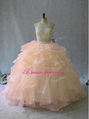 Peach Two Pieces Halter Top Sleeveless Organza Backless Beading and Ruffles Ball Gown Prom Dress