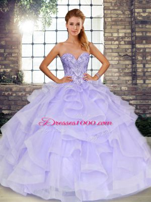 Extravagant Beading and Ruffles Vestidos de Quinceanera Lavender Lace Up Sleeveless Floor Length