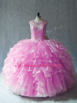 Scoop Sleeveless Sweet 16 Dress Floor Length Beading and Ruffles Lilac Organza