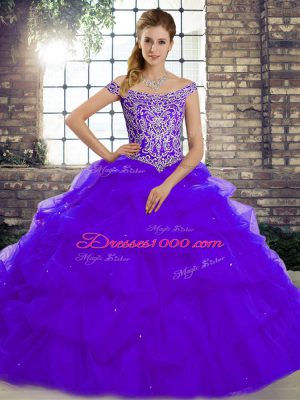Eye-catching Purple Off The Shoulder Neckline Beading and Pick Ups Quince Ball Gowns Sleeveless Lace Up