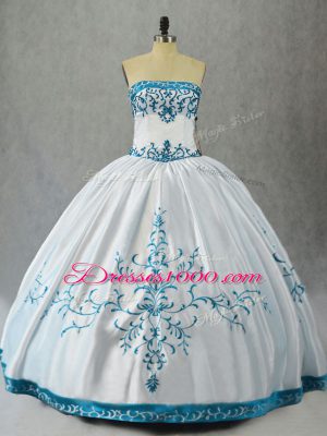 Top Selling White Lace Up Strapless Embroidery Sweet 16 Dress Satin Sleeveless