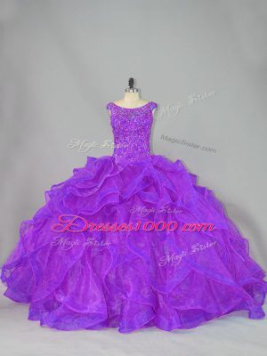 Purple Scoop Lace Up Beading and Ruffles Quinceanera Gowns Brush Train Sleeveless