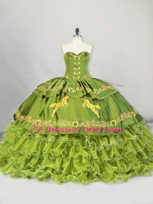 Sleeveless Embroidery and Ruffled Layers Lace Up 15 Quinceanera Dress with Olive Green Brush Train