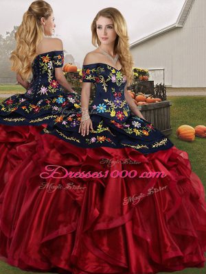 Charming Embroidery and Ruffles Sweet 16 Dress Red And Black Lace Up Sleeveless Floor Length