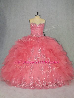 Delicate Watermelon Red Lace Up Sweetheart Beading and Ruffles Quinceanera Dress Organza Sleeveless