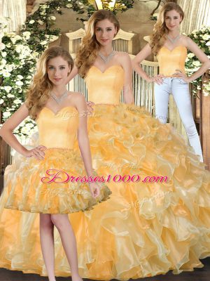 Sweetheart Sleeveless Lace Up Quinceanera Gown Gold Organza