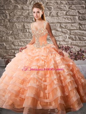 Lace Up Quinceanera Dresses Orange for Sweet 16 and Quinceanera with Beading and Ruffled Layers Court Train