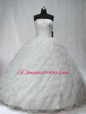 White Sleeveless Beading and Ruching Lace Up Quince Ball Gowns