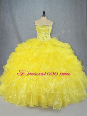 Yellow Strapless Neckline Beading and Ruffles Quinceanera Dresses Sleeveless Lace Up