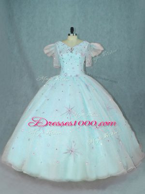 Elegant Apple Green Zipper 15 Quinceanera Dress Beading Short Sleeves Floor Length