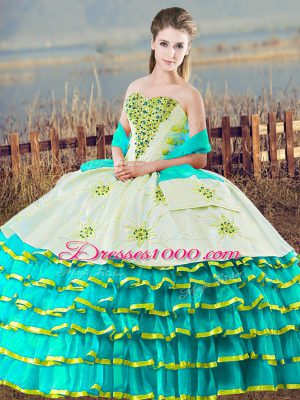 Most Popular Aqua Blue Organza Lace Up Quinceanera Dress Sleeveless Floor Length Beading and Ruffled Layers