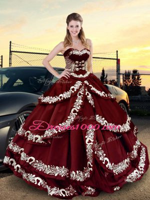 Floor Length Lace Up Ball Gown Prom Dress Wine Red for Sweet 16 and Quinceanera with Embroidery and Ruffled Layers