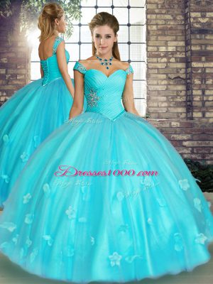 Aqua Blue Off The Shoulder Neckline Beading and Appliques Vestidos de Quinceanera Sleeveless Lace Up