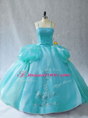 Smart Aqua Blue Sleeveless Floor Length Appliques Lace Up Sweet 16 Dress